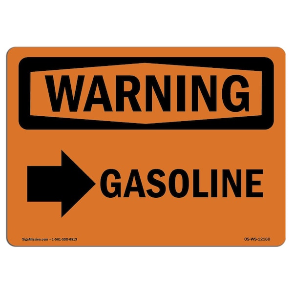 Safety Sign, OSHA WARNING, 7" Height, Aluminum, Gasoline (Right Arrow), Landscape